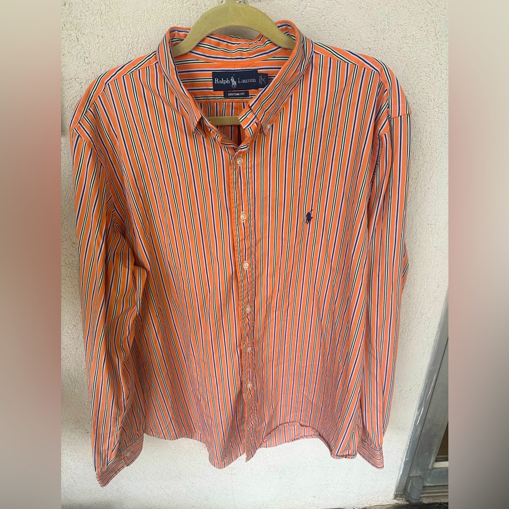 Ralph Lauren orange and blue strip button down men’s shirt. Unisex.